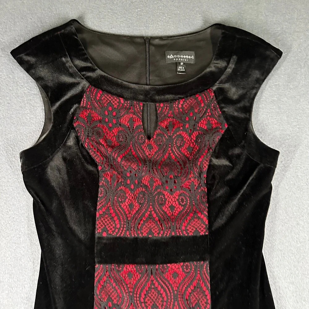 Connected Apparel Dress Womens 8P Black Velvet Red Lace Sheath Party Career - Picture 3 of 16